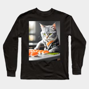 Cat Eating Sushi - Modern Digital Art Long Sleeve T-Shirt